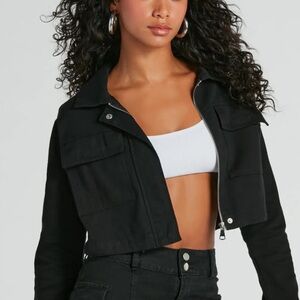 Black Utility Jacket with Tailored Look and Cropped Fit